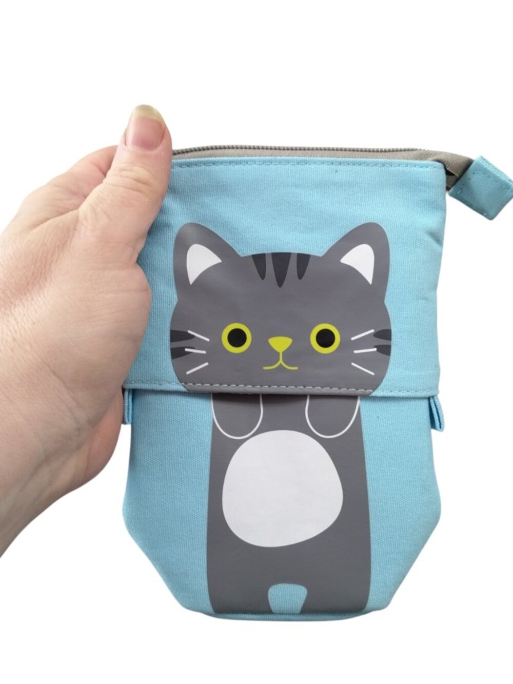 Angoo Expandable Cat Pencil Case Pouch Organizer Zip Up Blue/Gray School - Picture 2 of 6
